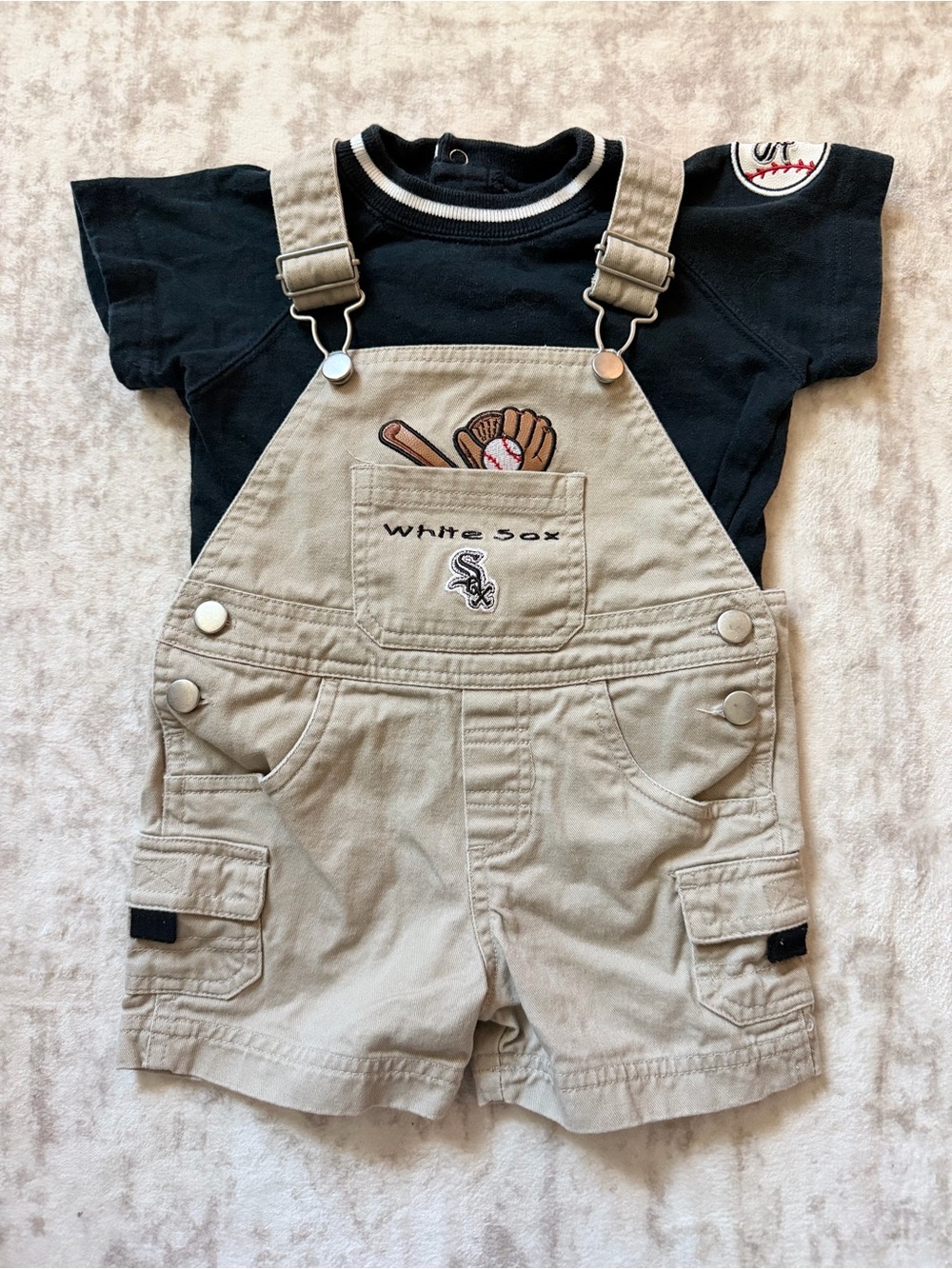 MLB Tan Overalls with Black Tee and Embroidered Baseball Detail